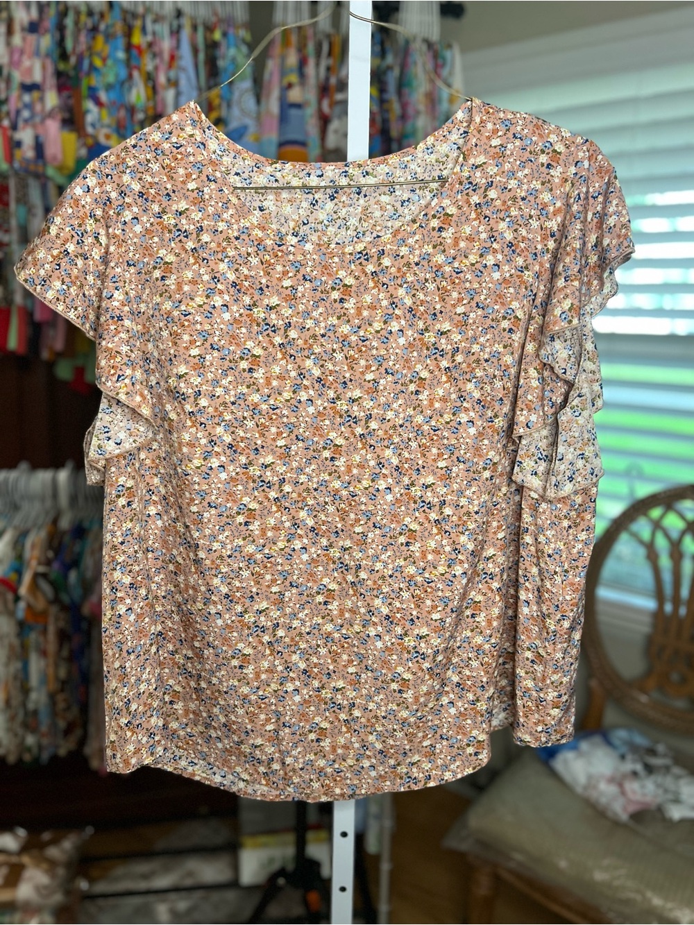 SHEIN Peach Floral Ruffle-Sleeve Blouse